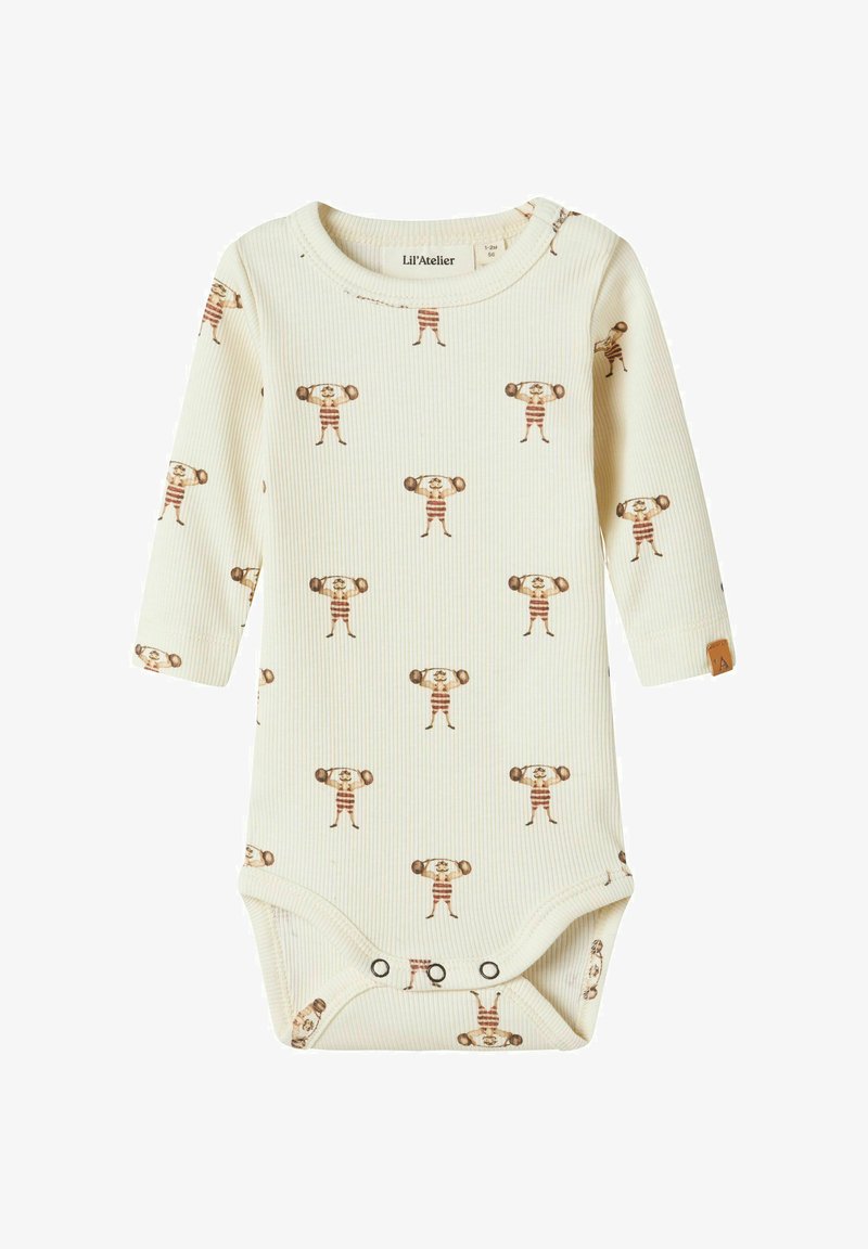 Body baby cu mâneci lungi din material cu dungi, culoarea crem, cu imprimeu de halterofil în dungi maro și roșii, încheiere cu capse la nivelul zonei inghinale și decolteu rotund.