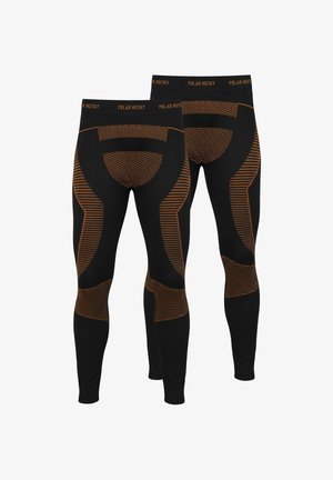 Black leggings with orange accents; featuring a textured pattern, ribbed waist, and strategic mesh detailing for breathability.