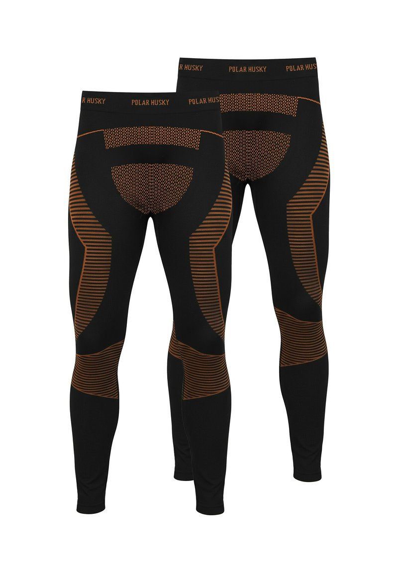 Schwarze Leggings mit orangefarbenen Akzenten; mit strukturiertem Muster, geripptem Bund und strategisch platzierten Netzdetails für Atmungsaktivität.