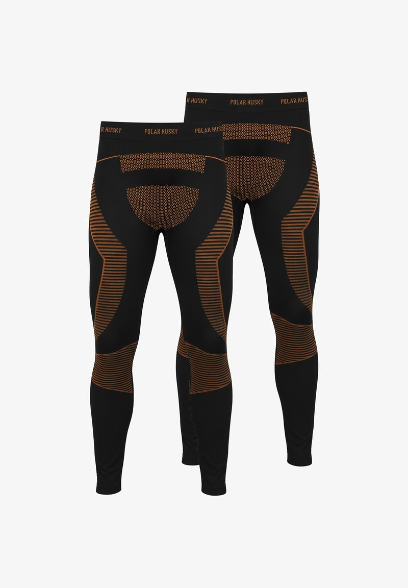 Schwarze Leggings mit orangefarbenen Akzenten; mit strukturiertem Muster, geripptem Bund und strategisch platzierten Netzdetails für Atmungsaktivität.