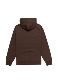 Braun Kapuzenpullover aus Baumwolle, lange Ärmel, gerippte Bündchen und Saum, glatte Textur, minimalistisches Design, keine zusätzlichen Details.
