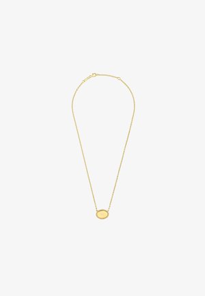 Collana d'oro con una delicata catena e un pendente ovale con un bordo texturizzato e dettagli incisi al centro.