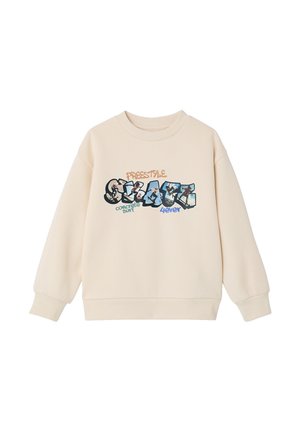 Beige sweatshirt with ribbed cuffs and collar, featuring graffiti-style text "FREESTYLE SKATE 4ever concrete surf" on front.