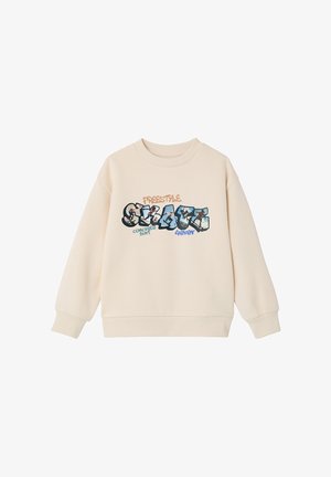 Beiger Pullover mit gerippten Bündchen und Kragen, auf der Vorderseite mit graffitiartigem Schriftzug "FREESTYLE SKATE 4ever concrete surf" bedruckt.