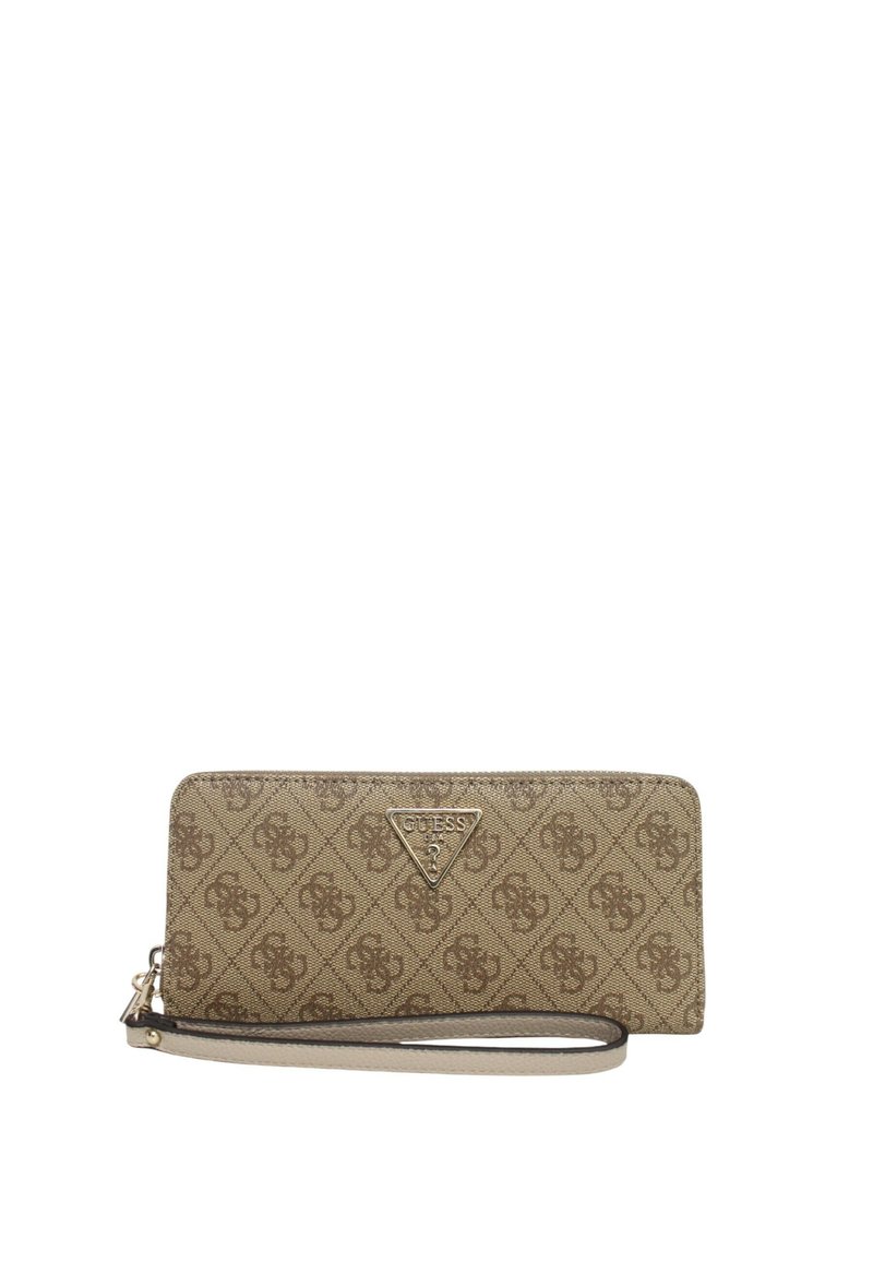 Portafoglio marrone con motivo, dotato di un esterno testurizzato, un logo triangolare in rilievo e una tracolla per un facile trasporto.