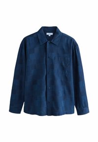 Camicia blu navy con bottoni, caratterizzata da un motivo patchwork, colletto classico, maniche lunghe e tasca sul petto. Tessuto morbido.