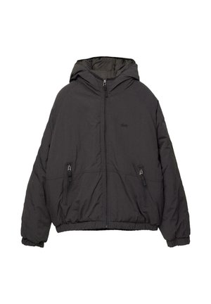 Black padded jacket with hood, front zipper, and two zippered pockets. Made from lightweight material, featuring a relaxed fit and elastic cuffs.