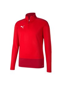 Pullover rosso a maniche lunghe con scollatura a mezza zip e pannello inferiore di un rosso più scuro. Presenta il logo Puma in bianco sul petto.