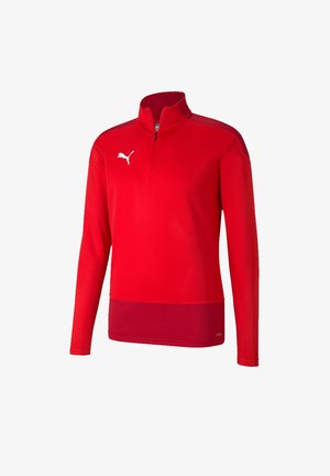 Pullover rosso a maniche lunghe con scollatura a mezza zip e pannello inferiore di un rosso più scuro. Presenta il logo Puma in bianco sul petto.