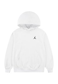 Weißer Kapuzenpullover mit langen Ärmeln, Kängurutasche und schwarzem Jumpman-Logo auf der Brust. Hergestellt aus weichem Material mit entspannter Passform.