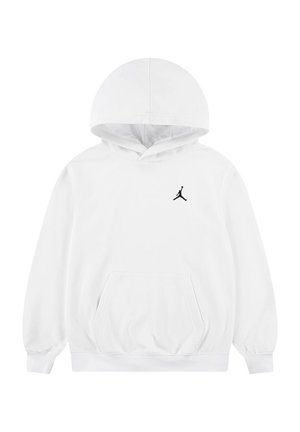Sudadera blanca con capucha, de mangas largas, con bolsillo tipo canguro y logo Jumpman negro en el pecho. Fabricada con un tejido suave y de corte relajado.