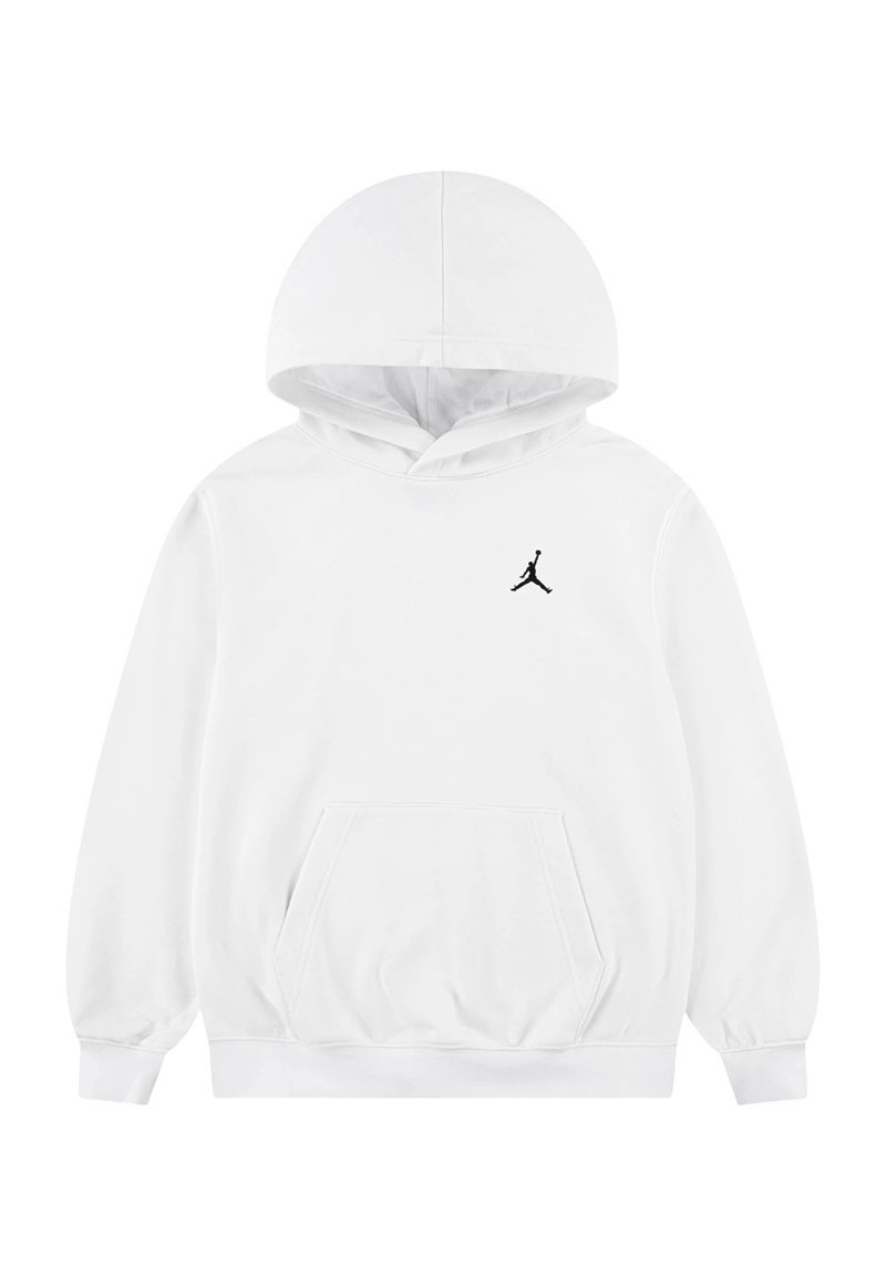 Weißer Kapuzenpullover mit langen Ärmeln, Kängurutasche und schwarzem Jumpman-Logo auf der Brust. Hergestellt aus weichem Material mit entspannter Passform.