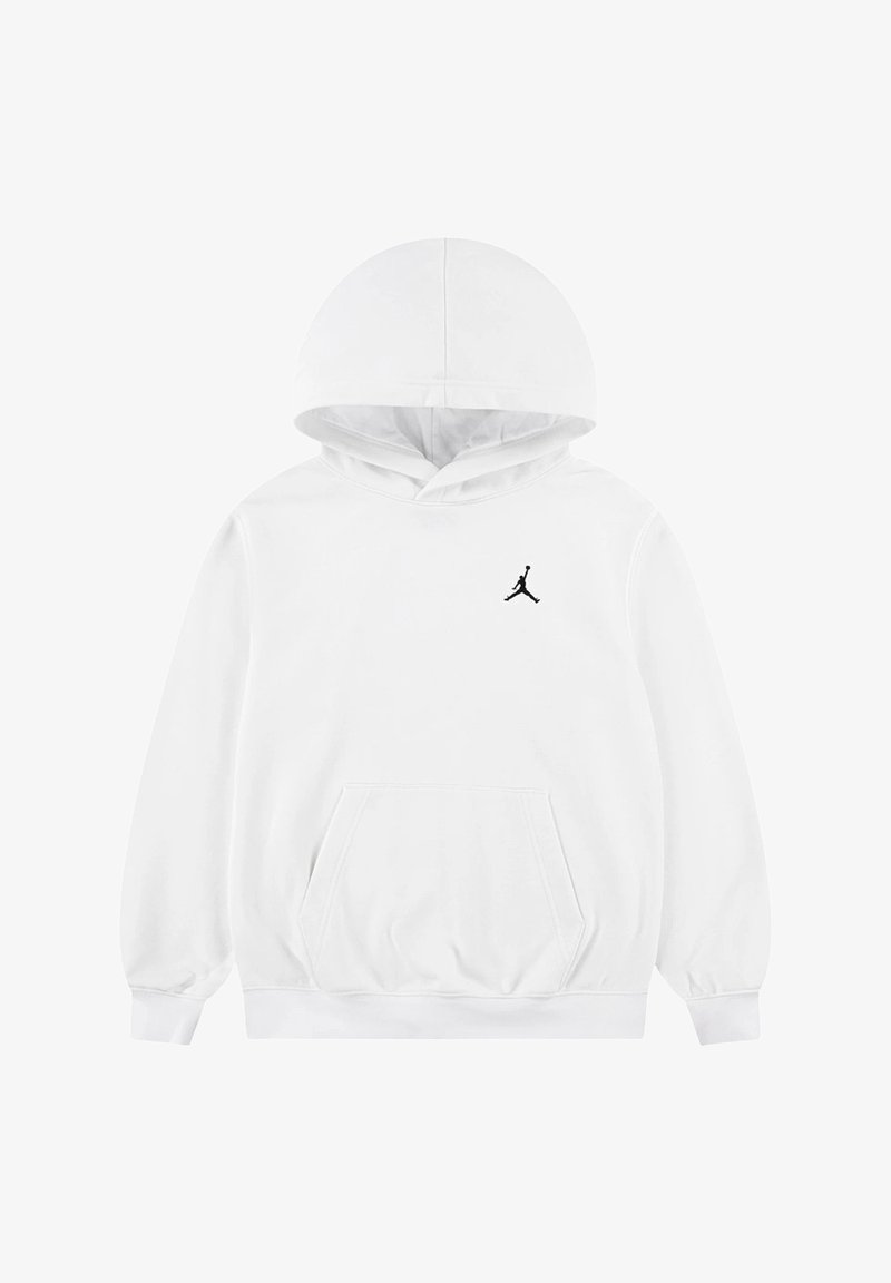 Sudadera blanca con capucha, de mangas largas, con bolsillo tipo canguro y logo Jumpman negro en el pecho. Fabricada con un tejido suave y de corte relajado.