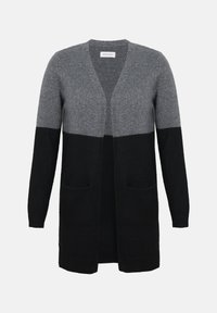 Long cardigan with a color-block design in gray and black. Made of soft knit material, it features open front and two front pockets.