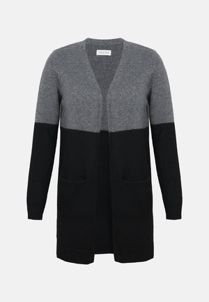Lange cardigan met een color-block ontwerp in grijs en zwart. Gemaakt van zacht brei materiaal, met open voorkant en twee voorzakken.