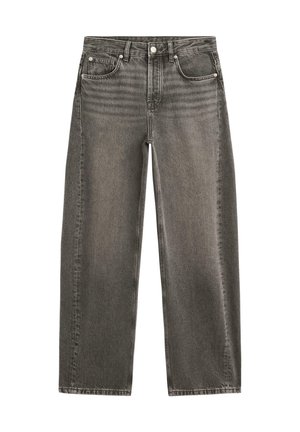 Jeans grigi in denim a vita alta e gamba dritta con bottone e cerniera frontali, cinque tasche e cuciture visibili sulle cuciture.