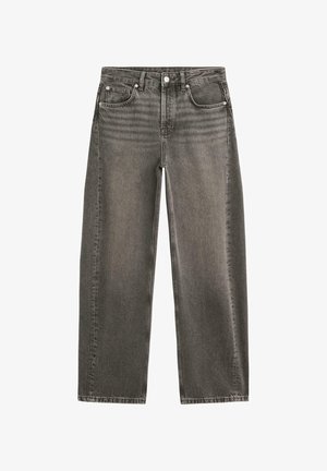 Graue Jeans mit hohem Bund und geradem Bein, ausgestattet mit vorderem Knopf und Reißverschluss, fünf Taschen und sichtbaren Nahtdetails.