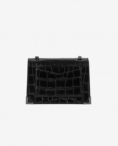 Borsa a tracolla in pelle nera con stampa in cocco, dalla forma rettangolare e strutturata, dotata di una tasca frontale e accessori in tonalità argento.
