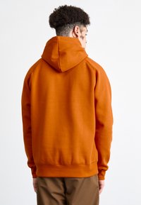 Hooded sweatshirt in burnt orange, featuring a smooth texture and ribbed cuffs. The back displays a simple, clean design without embellishments.