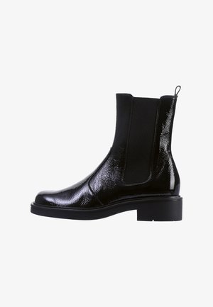 Black patent leather ankle boot with elastic side panels and a pull tab. Chunky heel and textured finish enhance its structured design.