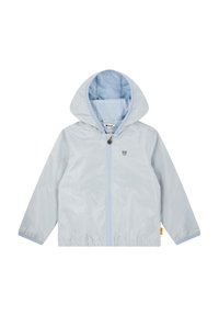 Lichtblauwe windjack met capuchon, rits aan de voorkant, elastische manchetten en een klein berenlogo op de borst. Glad, glanzend stoftextuur.