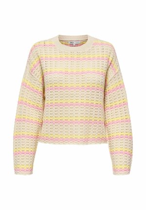 Adīta džempera ar brīvu piegriezumu, ar krēmkrāsas pamatni un horizontālām svītrām dzeltenā, rozā un lavandas krāsā. Teksturētas garās piedurknes.