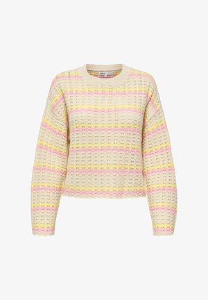 Adīta džempera ar brīvu piegriezumu, ar krēmkrāsas pamatni un horizontālām svītrām dzeltenā, rozā un lavandas krāsā. Teksturētas garās piedurknes.