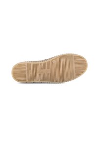 Zool van een schoen met beige rubberen loopvlak, horizontale en verticale groeven, en "Gabor" in het midden gegraveerd.