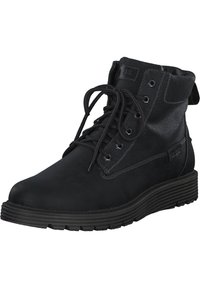 Sorte ankelstøvler lavet af læder og stof, med rund tå, snørebånd foran og teksturerede detaljer, samt en ribbet gummisål.