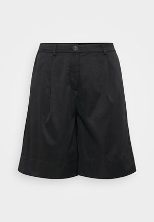 Zwarte shorts van een gestructureerde stof, met een sluiting aan de voorkant met knoop, plooien, gekrulde zoom en zijzakken.