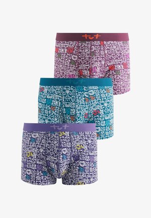 Three colorful boxer briefs with abstract face and shape patterns in purple, teal, and maroon colors arranged vertically.