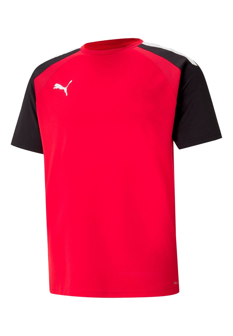 Rode sportshirt met zwarte korte mouwen, met een ronde hals en een logo op de borst. Gemaakt van gladde, lichte stof.