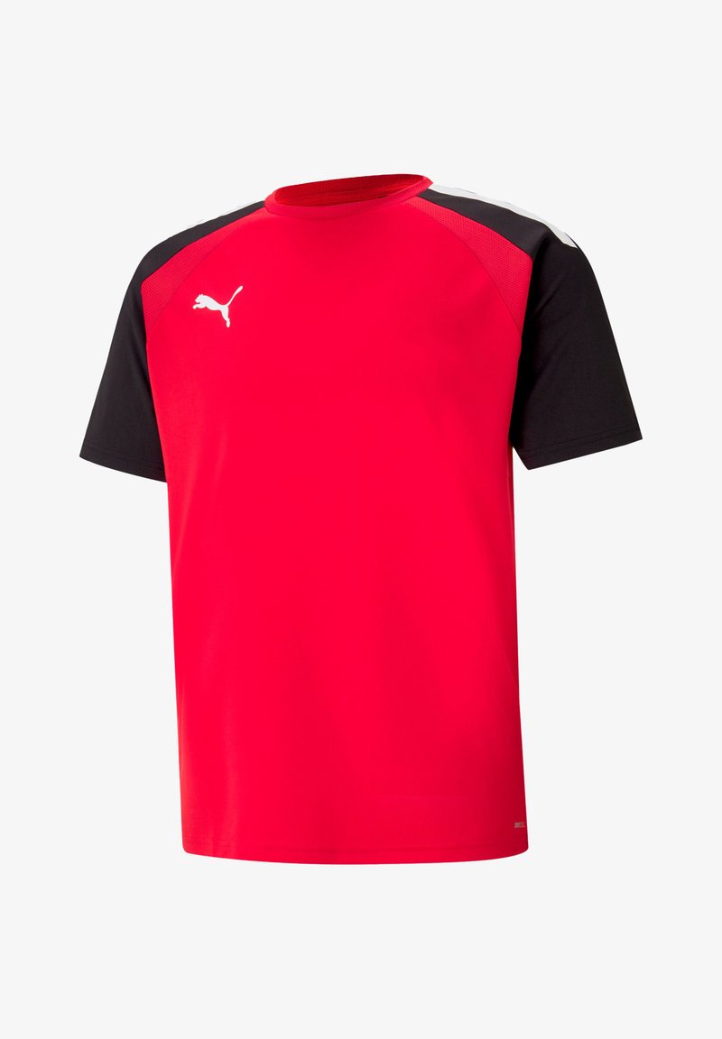 Rode sportshirt met zwarte korte mouwen, met een ronde hals en een logo op de borst. Gemaakt van gladde, lichte stof.