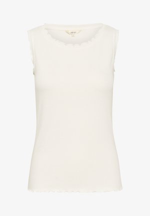 Weißes ärmelloses Oberteil aus geripptem Stoff, mit einem gewellten Halsausschnitt und ausgefransten Saumkanten für ein strukturiertes Finish.