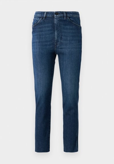 Jeans slim fit blu con design classico a cinque tasche e chiusura con bottone, caratterizzati da una leggera sbiaditura e un taglio dritto pulito.