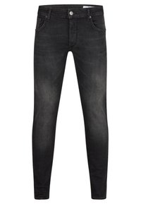 Svart slim-fit jeans med lätt blekning på låren, med framfickor, bälteshällor och en knappstängning i midjan.