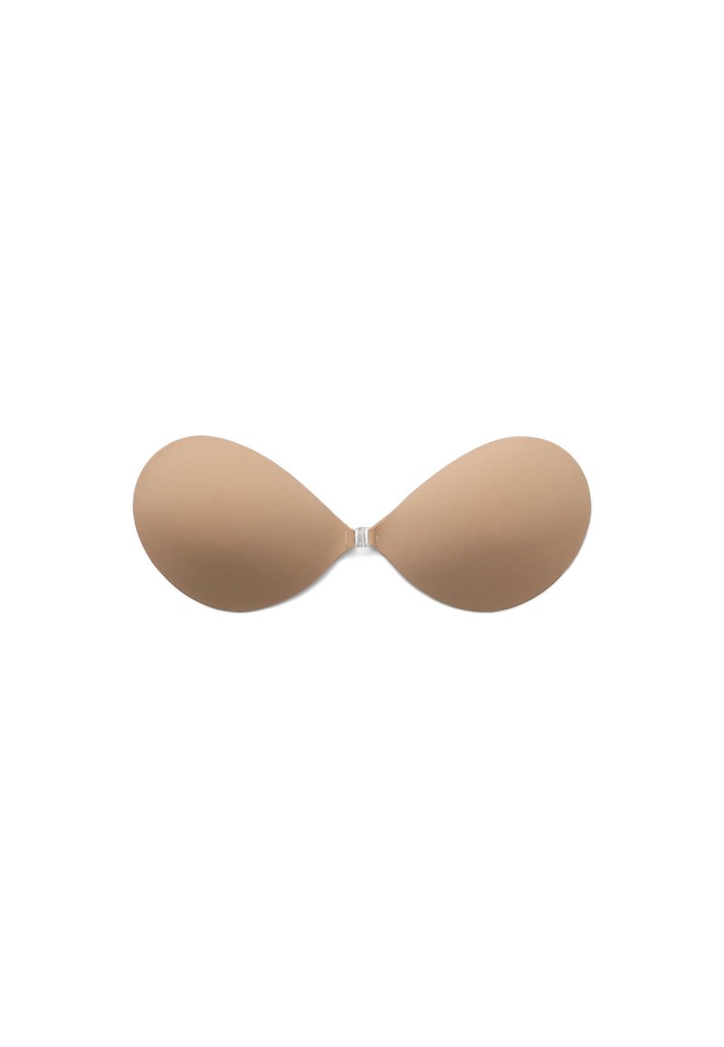 Sottobraccio adesivo nudo con coppe senza cuciture e curvate e un connettore centrale. Superficie liscia, design flessibile per un indossamento discreto sotto i vestiti.