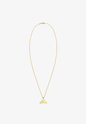 Goldene Halskette mit einem Anhänger in Form eines Walschwanzes. Die Kette ist fein und hat einen Federverschluss, während der Schwanz glatte, abgerundete Kanten aufweist.