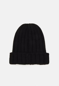 Black knitted beanie hat with a ribbed texture and a folded cuff, featuring a seamless top design.