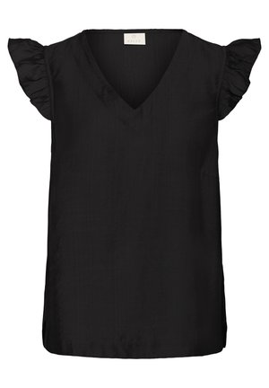 Blusa negra con escote en V, mangas cortas con volantes y un corte relajado. Fabricada en una tela suave con aberturas laterales para comodidad y estilo.