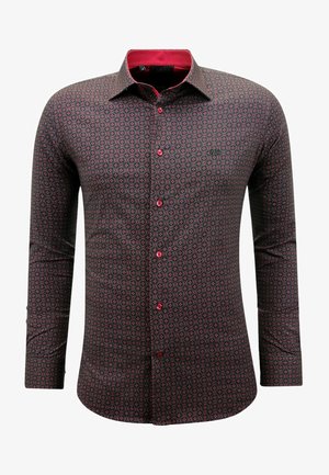 Langarmshirt in een donker patroon met rode accenten. Beschikt over een knoopsluiting aan de voorkant en een kraag, gemaakt van geweven stof.