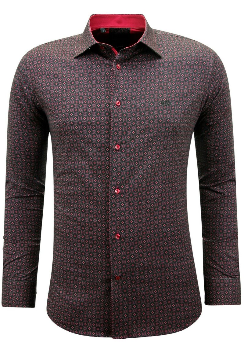 Langarmshirt in een donker patroon met rode accenten. Beschikt over een knoopsluiting aan de voorkant en een kraag, gemaakt van geweven stof.