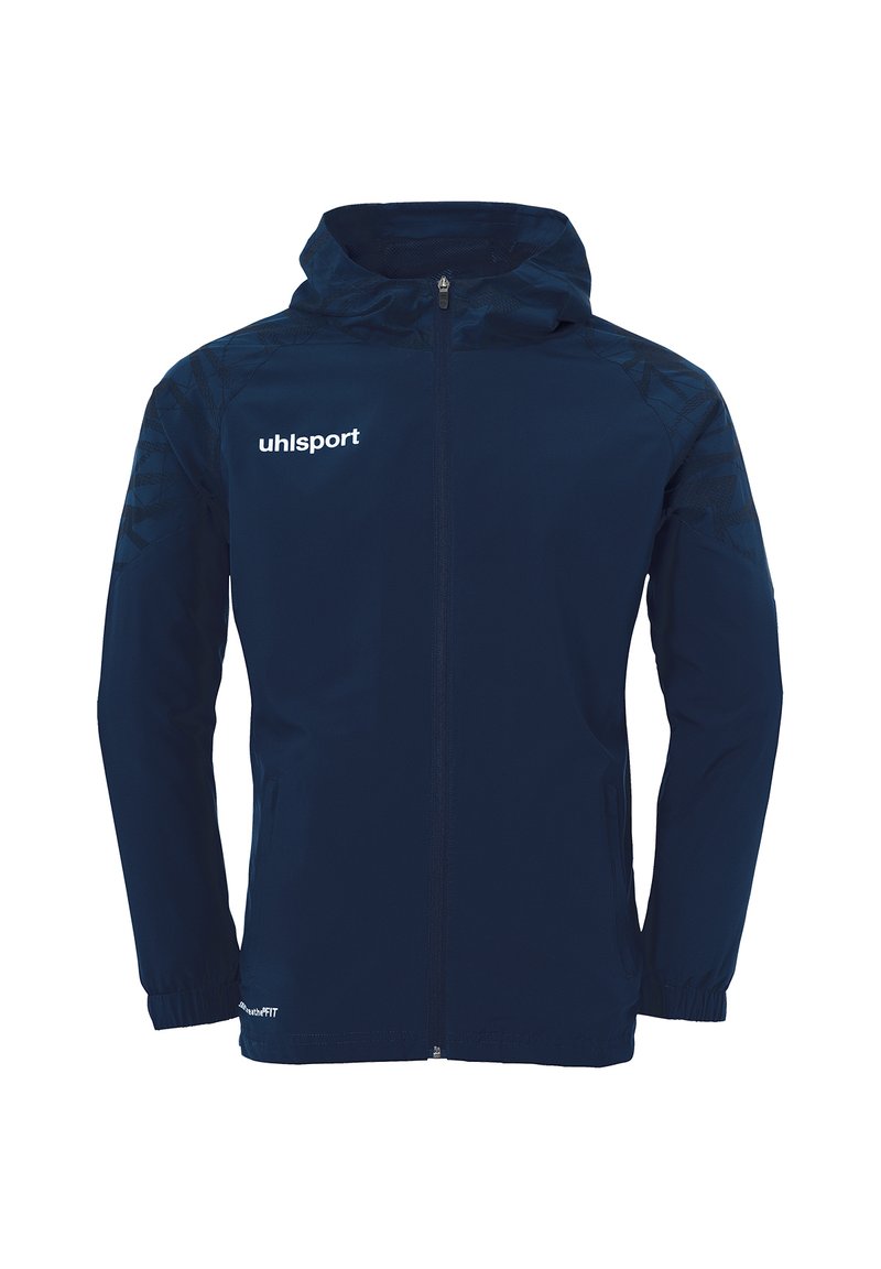 Veste coupe-vent bleu marine en matériau synthétique avec fermeture éclair à l'avant, capuche réglable et poignets élastiques ; présente un logo sur la poitrine.
