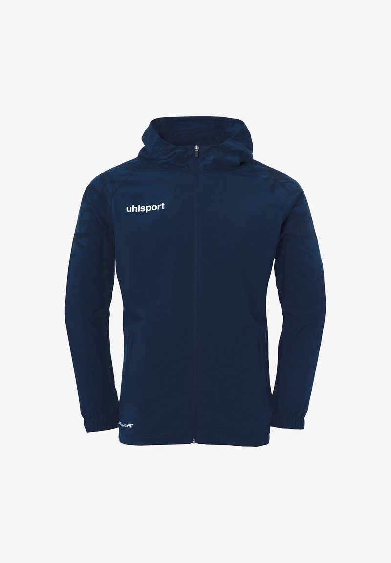 Marineblå windbreaker-jakke lavet af syntetisk materiale med lynlås foran, justerbar hætte og elastiske manchetter; prydes af logo på brystet.