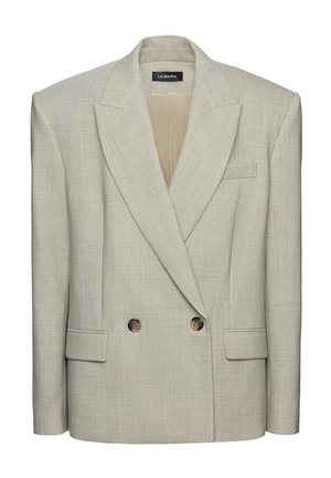 Jasnobeżowa dwurzędowa marynarka z klapami z wcięciem, dwoma przednimi guzikami, kieszeniami z patkami oraz kieszonką na piersi, oznaczona jako La Mania.