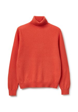 Sweter z golfem w jaskrawej pomarańczowej barwie, wykonany z miękkiego materiału. Długie rękawy oraz ściągacze przy mankietach i u dołu. Gładka faktura z minimalnymi detalami.