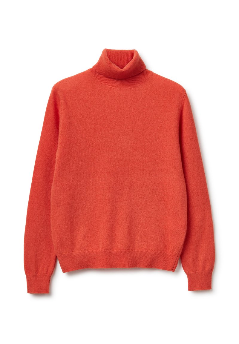 Turtleneck trui in fel oranje, gemaakt van zachte stof. Lange mouwen en geribde manchetten en zoom. Glad textuur met minimale details.