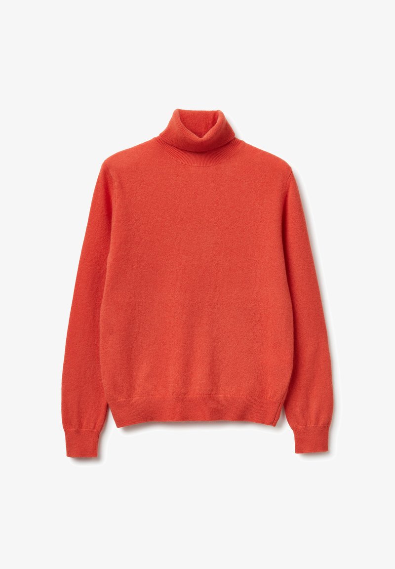 Jersey de cuello alto en un brillante color naranja, hecho de una tela suave. Mangas largas y puños y dobladillo acanalados. Textura lisa con detalles mínimos.