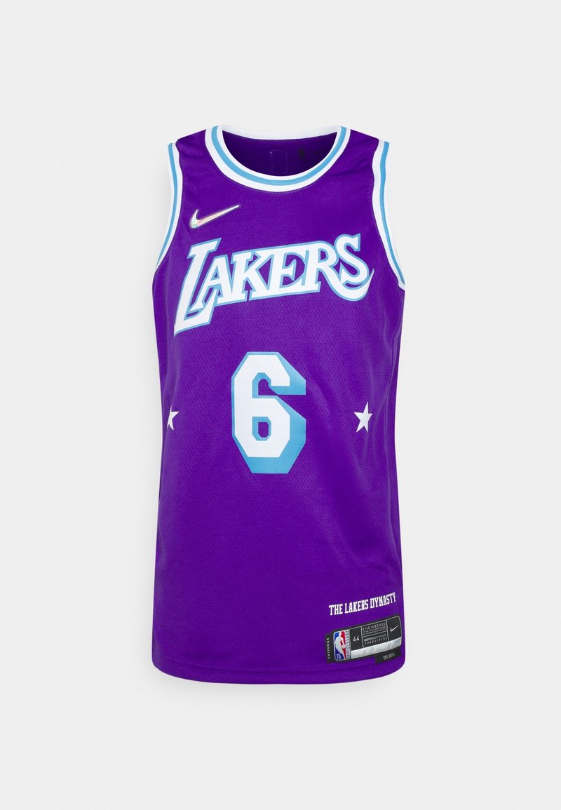 Maillot de basketball violet avec le texte "LAKERS" et le numéro "6" en bleu clair. Présente des accents blancs et un logo Nike à l'avant.