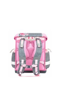 Rosa und grauer Rucksack mit floralem Design, gepolsterten Tragegurten und Seitentaschen, ausgestattet mit einem robusten Boden und verstellbaren Beschlägen für zusätzlichen Komfort.